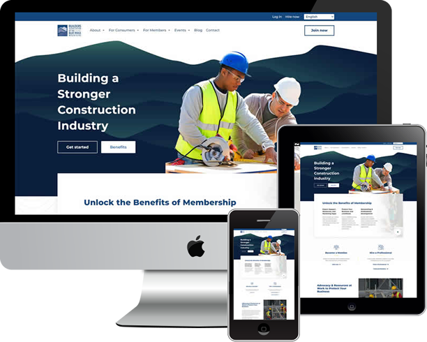 BABRM portfolio with Mac desktop, tablet and phone images stacked next to each other.