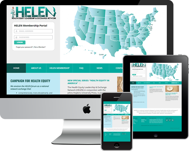 The Health Equity Leadership & Exchange Network (HELEN) portfolio with Mac desktop, tablet and phone images stacked next to each other.