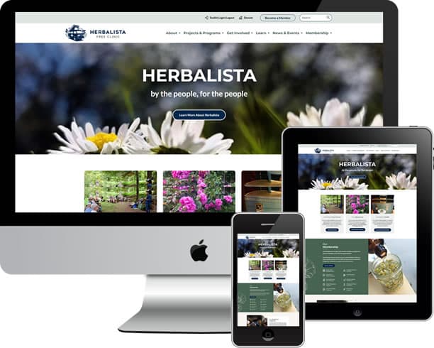 Herbalista website screenshot with Mac desktop, tablet and phone images stacked next to each other for portfolio display.